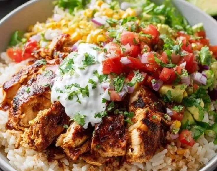Delicious Chipotle Chicken and Rice Bowls served in a bowl