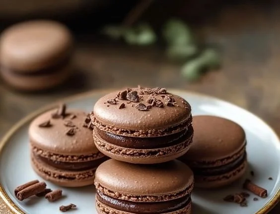 Delicious chocolate macarons on a decorative plate