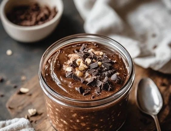 Bowl of chocolate overnight oats topped with fruits and nuts
