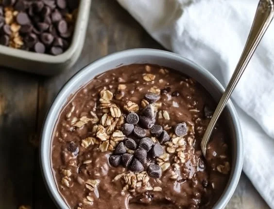 Bowl of Chocolate Overnight Oats topped with fresh fruit and nuts
