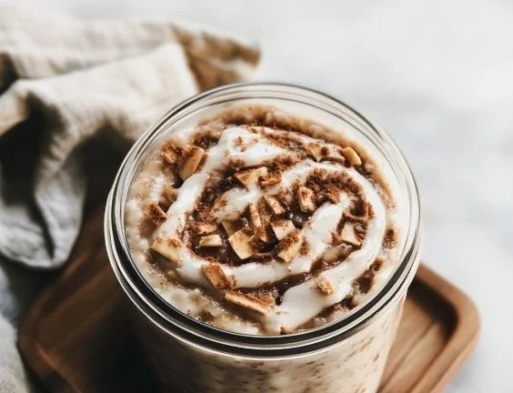 Delicious bowl of cinnamon roll overnight oats topped with nuts and cinnamon.