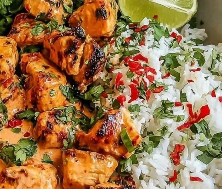 Coconut Chicken Rice Bowl topped with fresh herbs and vegetables