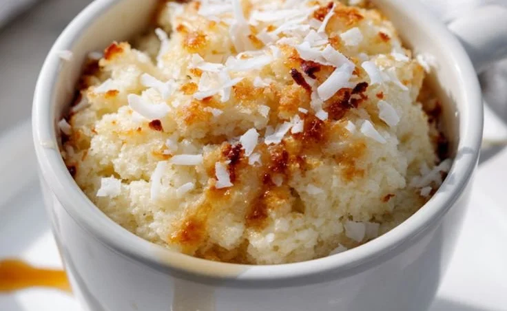 Delicious Coconut Cottage Cheese Mug Cake topped with coconut flakes