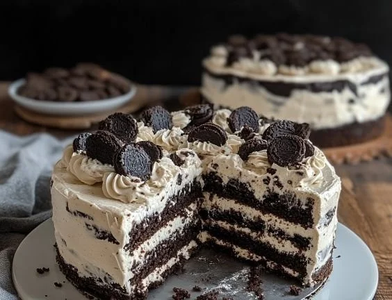 Delicious slice of Cookies and Cream Cake with chocolate cookie crumbs on top.