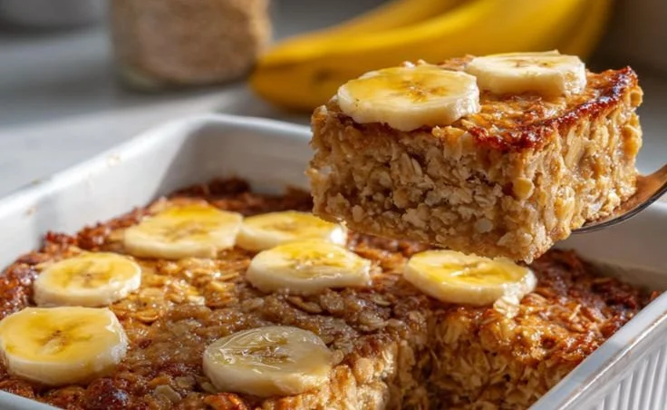Delicious Cottage Cheese Banana Oatmeal Bake topped with banana slices.