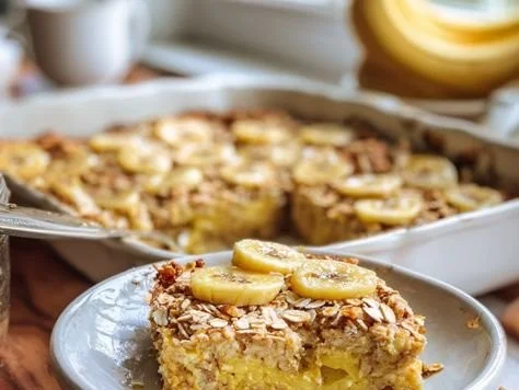 Cottage Cheese Banana Oatmeal Bake fresh out of the oven, served in a bowl.