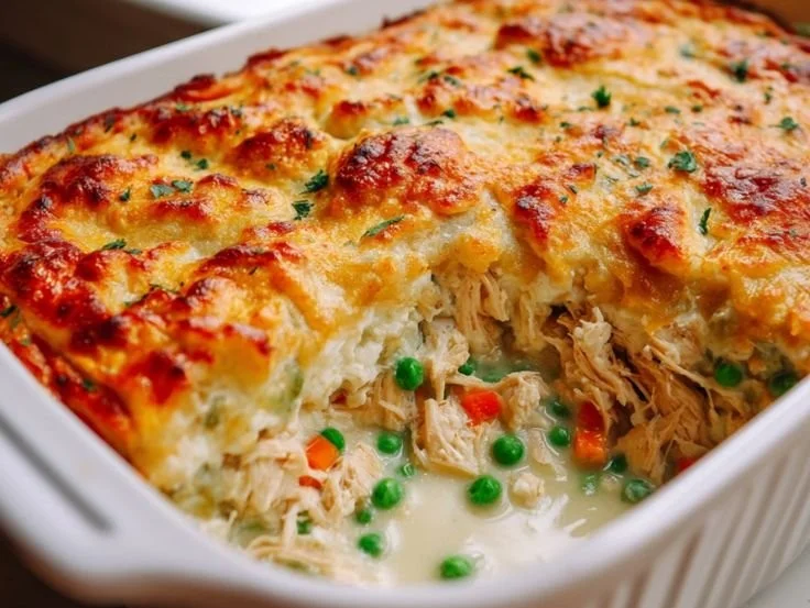 Cottage Cheese Chicken Pot Pie Casserole ready to serve in a baking dish