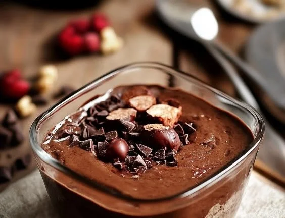 Delicious cottage cheese chocolate pudding in a bowl with chocolate shavings on top.