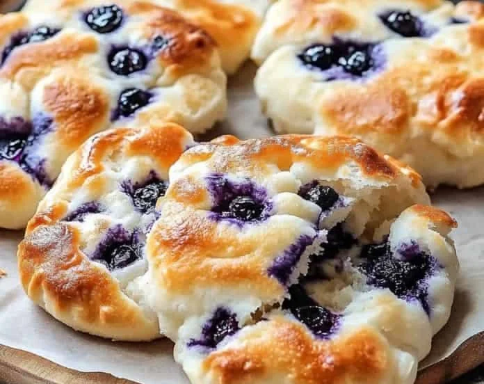Cottage cheese cloud bread topped with fresh blueberries on a plate