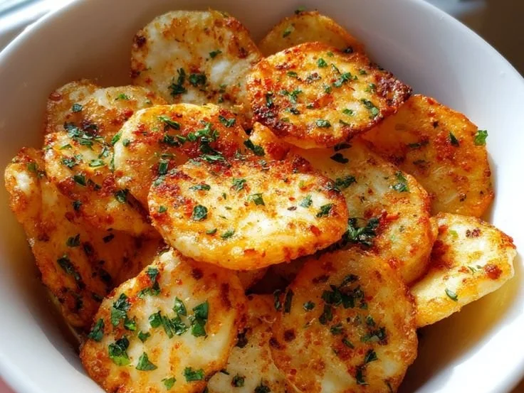 Cottage Cheese Parmesan Snack Chips with 10g protein in a snack bowl