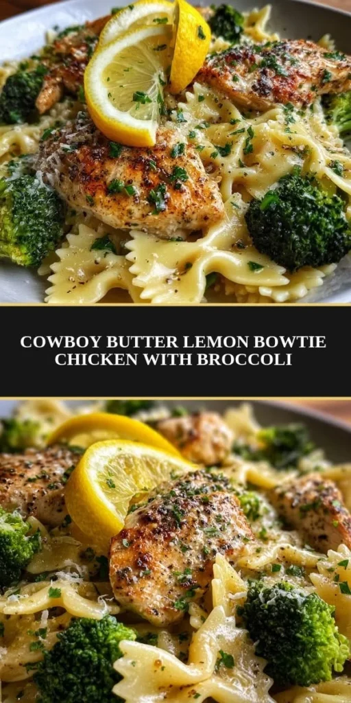 Delicious Cowboy Butter Lemon Chicken served with bowtie pasta and broccoli
