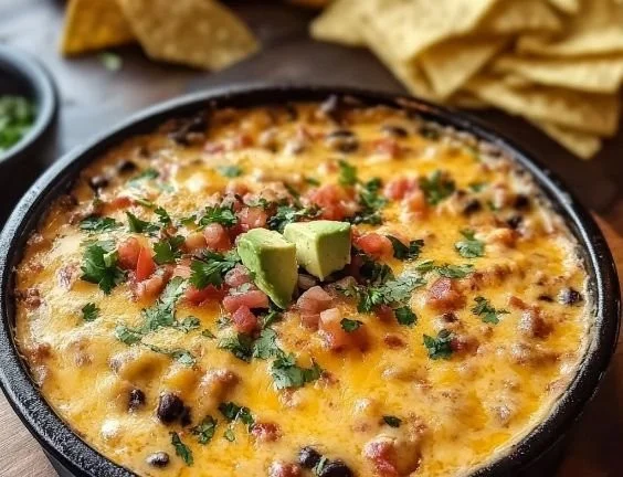 Delicious Cowboy Queso cheese dip served with tortilla chips