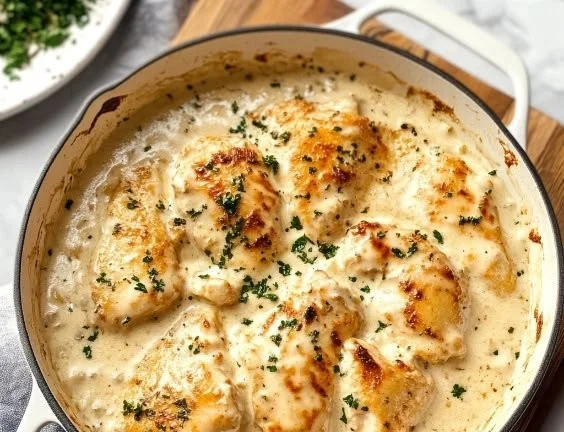 Cream cheese chicken dish garnished with herbs and served on a plate.