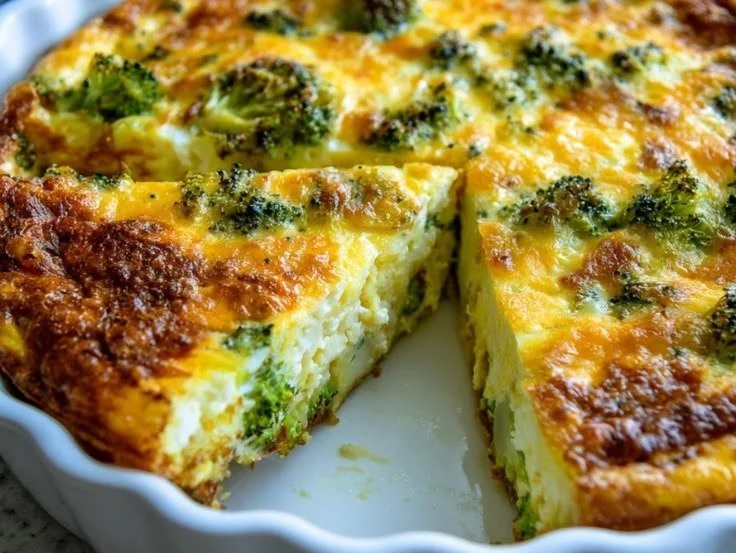 Creamy broccoli cheddar crustless quiche served on a plate