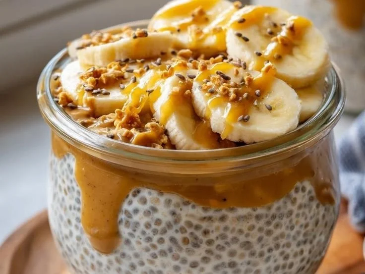 Creamy banana peanut butter chia pudding topped with bananas and chia seeds