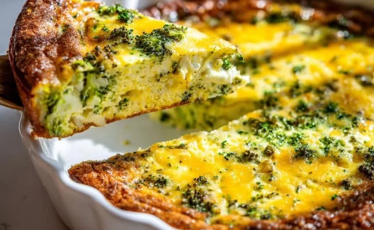 Creamy broccoli cheddar crustless quiche served on a plate