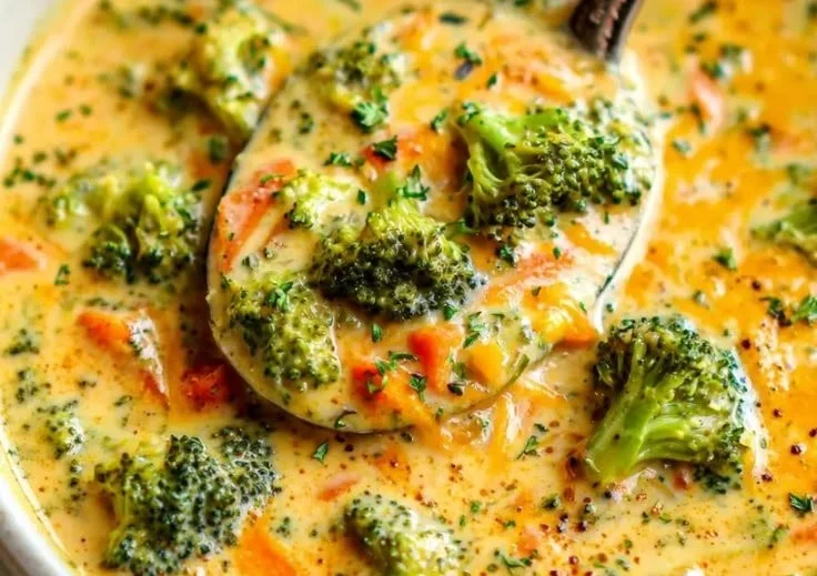 Bowl of creamy broccoli cheddar soup garnished with cheese and herbs