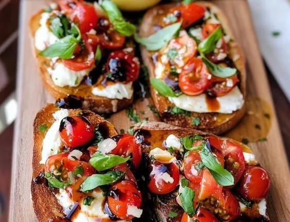 Delicious creamy burrata bruschetta toasts topped with fresh ingredients