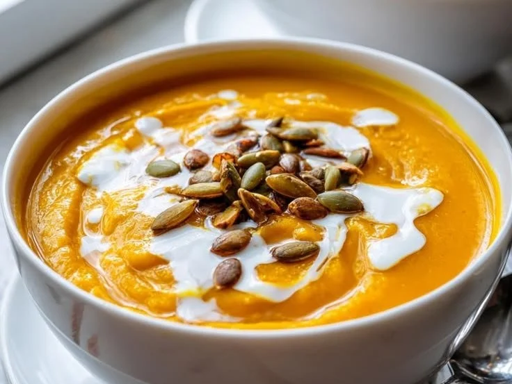 Bowl of creamy butternut squash soup topped with herbs and a drizzle of olive oil