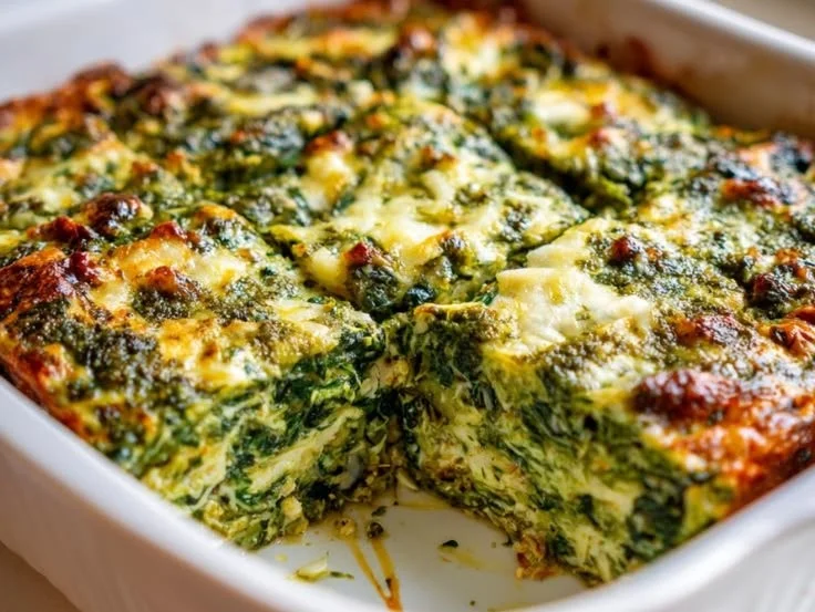 Creamy cabbage and spinach casserole ready to serve, topped with cheese.