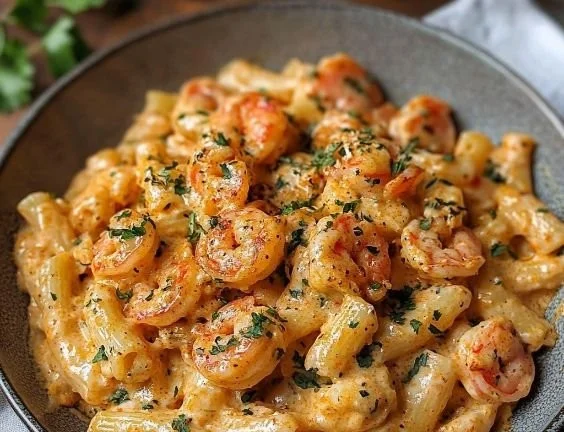 Creamy Cajun shrimp pasta served in a bowl with herbs and spices.