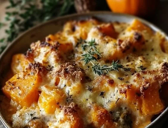 Creamy Butternut Squash Bake topped with melted cheese