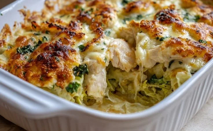 Creamy Chicken Alfredo Cabbage Bake served in a dish, low-carb recipe