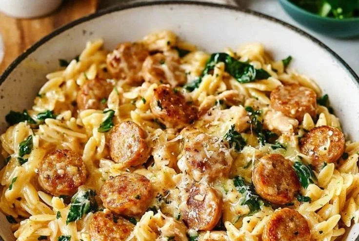 Creamy chicken sausage orzo in a one-pan meal