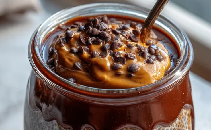 Creamy chocolate peanut butter chia pudding served in a bowl topped with nuts.