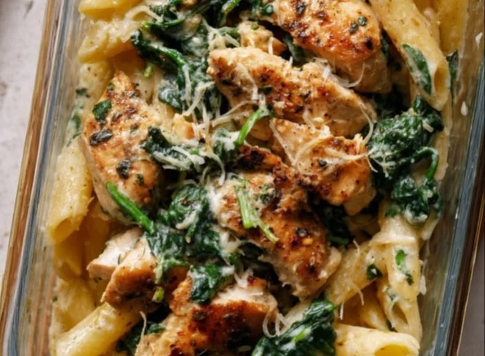 Plate of creamy garlic parmesan chicken pasta garnished with parsley