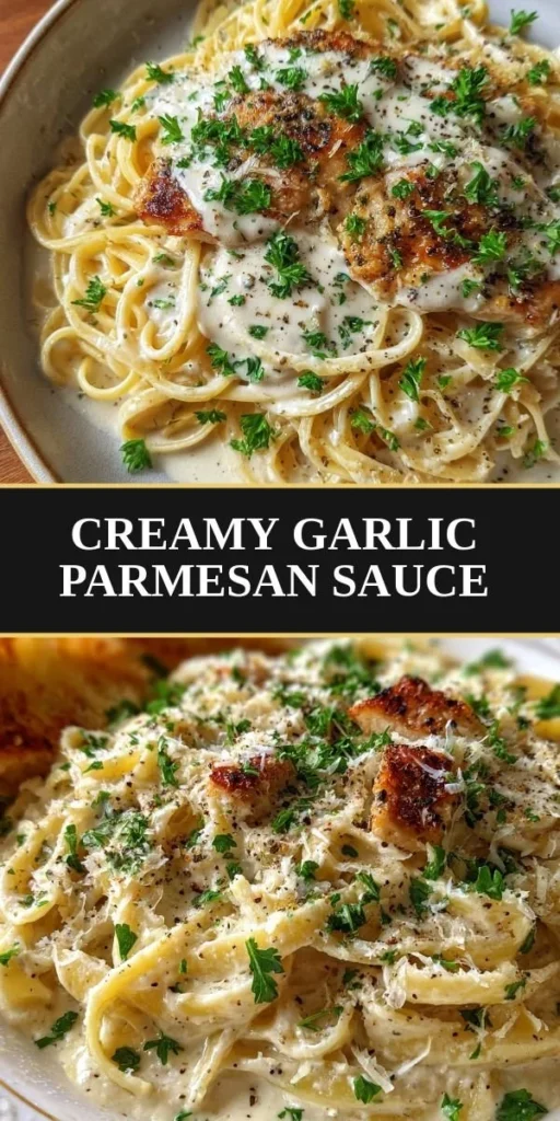 Creamy garlic parmesan sauce drizzled over pasta in a bowl