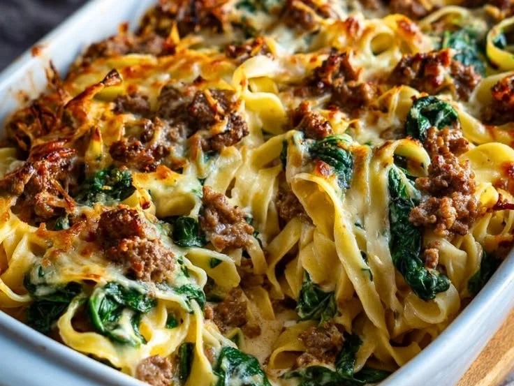 Creamy high-protein beef pasta bake baked in a dish