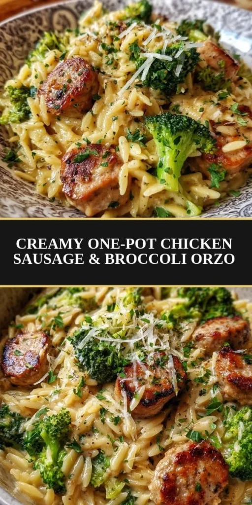 Creamy one-pot chicken sausage and broccoli orzo dish served in a bowl.