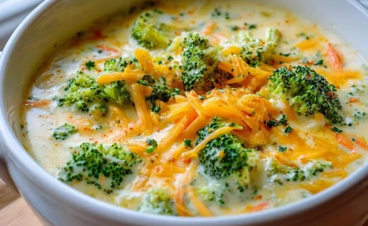 Bowl of creamy broccoli cheddar soup ready to serve