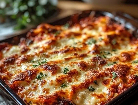 Creamy Parmesan Chicken Casserole topped with cheese and herbs, a delicious family dish.