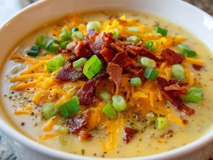 Bowl of creamy potato soup garnished with herbs and served with bread.