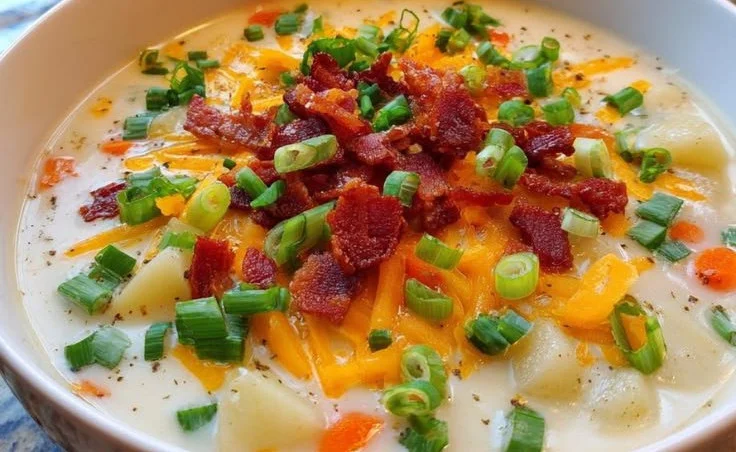 Delicious creamy potato soup garnished with herbs in a bowl.