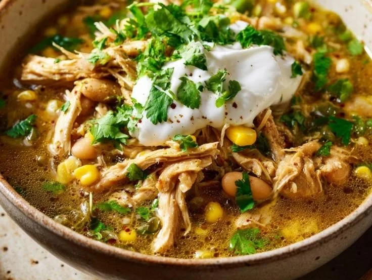 Bowl of creamy Southwest white chicken chili with toppings and ingredients