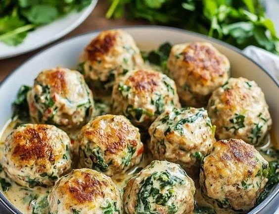 Creamy spinach turkey meatballs served on a plate with fresh herbs