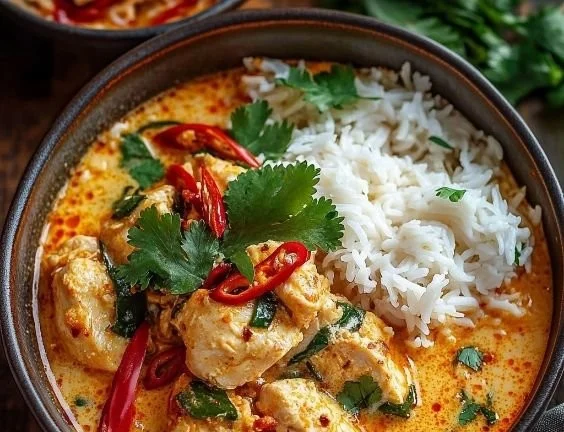 Creamy Thai red curry chicken bowl garnished with fresh herbs and ingredients.