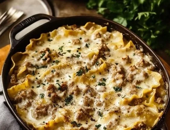 Delicious creamy Turkey Stroganoff served with noodles