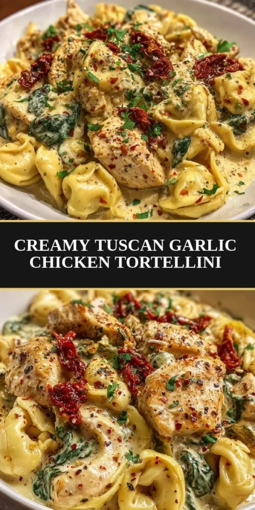 Creamy Tuscan Garlic Chicken Tortellini served in a bowl with fresh herbs
