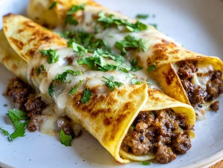 Crispy ground beef tacos garnished with fresh ingredients