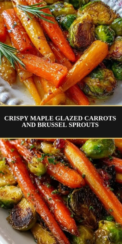 Crispy maple-glazed carrots served with Brussel sprouts on a white plate.