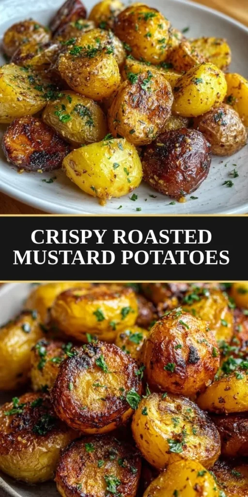 Plate of crispy mustard roasted potatoes garnished with herbs