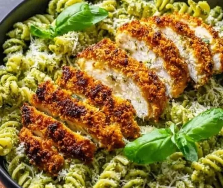 Crispy Parmesan Chicken served with flavorful Pesto Pasta