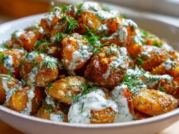 Crispy smashed potato salad topped with herbs for a flavorful side dish