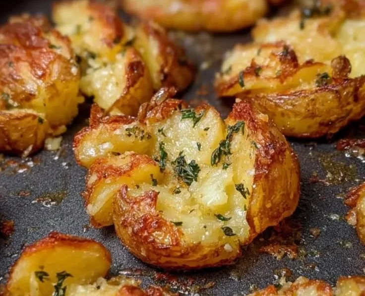 Crispy smashed potatoes garnished with herbs and spices