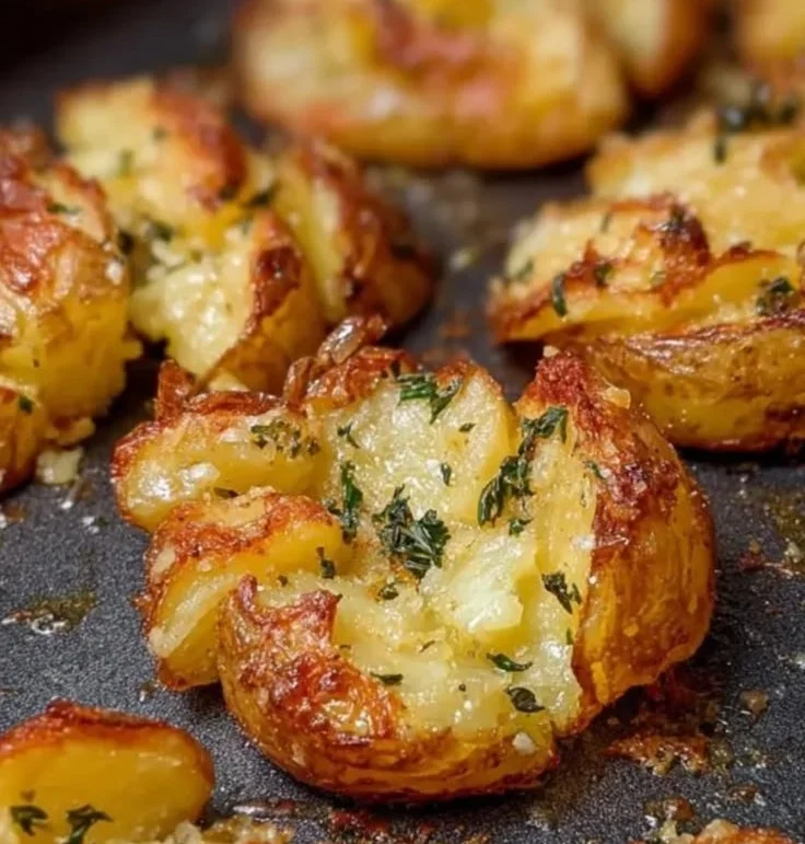 Plate of crispy smashed potatoes garnished with herbs