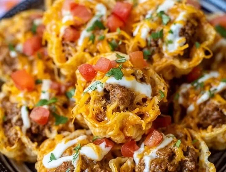Crispy taco phyllo cups filled with seasoned beef and toppings on a serving platter.